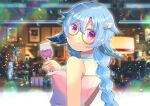  1girl alcohol bangs bare_shoulders blue-framed_eyewear blue_hair blurry blurry_background blush braid breasts character_request closed_mouth cup depth_of_field drinking_glass eyebrows_visible_through_hair glasses hair_between_eyes hair_ornament hand_up holding holding_cup indie_virtual_youtuber kouu_hiyoyo long_hair looking_at_viewer looking_back pink_shirt round_eyewear shirt single_braid sleeveless sleeveless_shirt small_breasts smile solo star_(symbol) star_hair_ornament violet_eyes wine wine_glass 