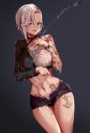  1girl anchor_tattoo arm_tattoo arm_under_breasts asymmetrical_sleeves bangs black_background black_collar black_legwear black_shirt black_shorts blush breasts chest_tattoo closed_mouth collar collarbone cowboy_shot crop_top eyebrows_visible_through_hair fefe_(vtuber) flower_tattoo foxyrain groin hair_between_eyes highres indie_virtual_youtuber large_breasts leg_tattoo lip_piercing lipstick looking_at_viewer lotion makeup medium_hair midriff nail_polish navel official_art open_clothes open_shorts piercing red_eyes red_nails shirt short_shorts shorts silver_hair simple_background single_bare_shoulder single_sidelock smile solo standing stomach_tattoo tattoo thigh_gap two-tone_shirt undercut virtual_youtuber wet wet_clothes wet_shirt white_shirt wristband 