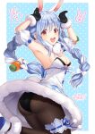  1girl :d absurdres animal_ear_fluff animal_ears armpits arms_up black_gloves black_legwear black_panties blue_background blue_hair braid breasts bunny_pose carrot_hair_ornament detached_sleeves don-chan_(usada_pekora) doodle dress food_themed_hair_ornament fur_trim gloves hair_ornament highres hololive jumping kiba_tori long_hair looking_at_viewer multicolored_hair open_mouth panties pantyhose pantyshot polka_dot polka_dot_background puffy_short_sleeves puffy_sleeves rabbit_ears rabbit_girl red_eyes short_sleeves signature smile strapless thick_eyebrows tongue twin_braids twintails two-tone_hair underwear upper_teeth usada_pekora virtual_youtuber white_dress white_hair 