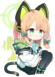  1girl :o animal_ears bangs black_footwear black_legwear blue_archive blue_neckwear boots bow brown_hair cat_ear_headphones cat_ears chibi collared_shirt commentary_request eyebrows_visible_through_hair fake_animal_ears full_body green_bow green_eyes hair_bow halo headphones highres hood hood_down hooded_jacket jacket knees_up kotatu_(akaki01aoki00) midori_(blue_archive) necktie open_clothes open_jacket parted_lips shirt sidelocks sitting solo tail thigh-highs thighhighs_under_boots twintails white_background white_jacket white_shirt 