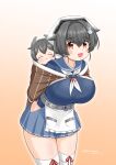  2girls :3 apron arms_behind_back baby bandana bangs black_hair blue_sailor_collar blue_skirt boots breasts brown_shawl closed_eyes dated eyebrows_visible_through_hair gradient gradient_background hair_between_eyes hair_flaps hair_ornament headgear holding holding_baby huge_breasts i-47_(kancolle) jingei_(kancolle) kantai_collection masara_(chuujou) multiple_girls neckerchief open_mouth pleated_skirt red_eyes sailor_collar shawl simple_background skirt thigh-highs thigh_boots twitter_username waist_apron whale_hair_ornament white_neckwear younger 