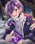  1boy bench hatoka_ra5 highres male_focus open_clothes open_mouth purple_hair shima_(niconico) shirt simple_background smile snow solo urashimasakatasen utaite_(singer) violet_eyes 