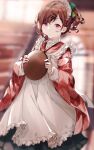  1girl alternate_costume apron blurry blurry_background brown_hair closed_mouth enmaided gocoli highres higuchi_madoka idolmaster idolmaster_shiny_colors japanese_clothes looking_at_viewer maid maid_apron maid_headdress red_eyes short_hair short_ponytail solo standing tied_hair wa_maid 