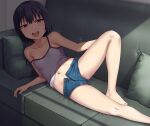  1girl barefoot black_hair camisole couch hashi looking_at_viewer lying midriff mole mole_on_thigh navel on_side open_fly original short_hair short_shorts shorts solo strap_slip violet_eyes 