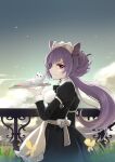  1girl apron black_dress bow bowtie braid breasts cat clouds cloudy_sky double_bun dress fence from_side genshin_impact grass half-closed_eyes highres keqing_(genshin_impact) light_smile long_sleeves maid maid_apron medium_breasts plate puffy_long_sleeves puffy_sleeves purple_hair qingye_ling sky tray twintails violet_eyes 