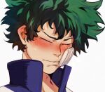  1boy bandaid bandaid_on_face bangs blue_shirt blush boku_no_hero_academia closed_eyes closed_mouth collarbone english_commentary face facing_down freckles green_hair grey_background highres keva_(liltkeva) male_focus messy_hair midoriya_izuku shirt short_hair simple_background solo sweat upper_body wavy_mouth 