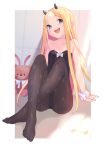  1girl abigail_williams_(fate) bangs bare_shoulders black_legwear black_leotard blonde_hair blue_eyes blush breasts collarbone fate/grand_order fate_(series) forehead highres knees_up legs leotard long_hair looking_at_viewer miaohik open_mouth pantyhose parted_bangs sidelocks sitting small_breasts smile stuffed_animal stuffed_toy teddy_bear wrist_cuffs 