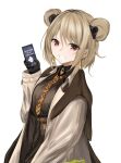  1girl cellphone double_bun girls_frontline grin highres light_brown_hair looking_at_viewer nakaryo0404 official_alternate_costume p90_(girls_frontline) phone red_eyes short_hair smartphone smile solo 