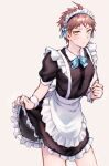  1boy absurdres alternate_costume amido_(compassion273) apron bangs black_dress blush bow brown_hair closed_mouth commentary_request cowboy_shot crossdressinging dangan_ronpa_(series) dangan_ronpa_2:_goodbye_despair dress enmaided frilled_dress frills highres hinata_hajime looking_at_viewer maid maid_headdress male_focus puffy_short_sleeves puffy_sleeves short_hair short_sleeves simple_background solo spiky_hair standing sweatdrop waist_apron wrist_cuffs yellow_eyes 