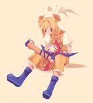  1girl armor bangs blonde_hair boots double_bun dress guuchama hair_ribbon haniwa_(statue) highres joutouguu_mayumi puffy_short_sleeves puffy_sleeves ribbon shadow shirt short_hair short_sleeves simple_background sitting solo touhou vambraces white_ribbon yellow_eyes 