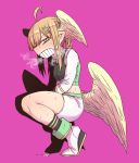  1girl alternate_costume angel angel_wings aohada_bocchi black_legwear blonde_hair breath clenched_teeth from_side graffiti green_eyes gym_uniform head_wings juugoya_(zyugoya) lian_(aohada_bocchi) looking_at_viewer midriff pink_background pointy_ears pointy_nose shoes shorts socks squatting steam steaming_body sweat sweatdrop teeth twintails white_footwear white_shorts wings 