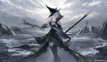  1girl 52hertz absurdres arknights bare_arms bare_shoulders black_dress black_gloves black_legwear breasts clouds cloudy_sky dress gladiia_(arknights) gloves hair_over_one_eye hat highres holding holding_spear holding_weapon long_hair looking_at_viewer ocean pointy_ears polearm ponytail red_eyes ruins shore silver_hair sky solo spear standing thigh-highs weapon 