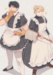  1boy 1girl alternate_costume apron black_dress black_eyes black_hair blonde_hair broom closed_mouth crossdressinging dress english_commentary enmaided fullmetal_alchemist gloves hand_on_own_chin highres holding holding_broom maid maid_day maid_headdress open_mouth orange_eyes raicchi_(raicchi96) riza_hawkeye roy_mustang short_sleeves smile standing thigh-highs waist_apron white_apron white_legwear 