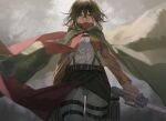  1girl 52hertz bangs belt black_hair blade cloak clouds cloudy_sky green_cloak hair_between_eyes highres holding holding_sword holding_weapon jacket leg_belt looking_at_viewer mikasa_ackerman pants red_scarf scarf shingeki_no_kyojin shirt short_hair sky solo sword weapon white_pants white_shirt 