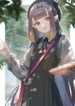  1girl :d absurdres bag bangs beret black_dress black_ribbon blunt_bangs blurry blurry_background chromatic_aberration dress fang handbag hat headpiece highres hololive huge_filesize long_hair long_sleeves looking_at_viewer mole mole_under_eye neck_ribbon ninomae_ina&#039;nis open_mouth outdoors oyuyu paintbrush palette pinafore_dress pointy_ears purple_hair ribbon shoulder_bag smile solo tentacle_hair violet_eyes virtual_youtuber 