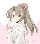 1girl alternate_costume alternate_hairstyle commentary_request green_eyes grey_hair grin hair_ribbon icesherbet kantai_collection long_hair looking_at_viewer ponytail ribbed_sweater ribbon smile solo sweater twintails two-tone_background upper_body white_sweater zuikaku_(kancolle) 