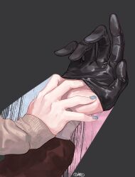  2girls black_gloves blue_nails dms gloves grey_background half_gloves hand_focus hand_in_another&#039;s_glove highres link!_like!_love_live! long_sleeves love_live! multiple_girls murano_sayaka school_uniform signature simple_background yugiri_tsuzuri yuri 