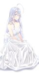  1girl 86_-eightysix- absurdres ahoge bangs bare_shoulders between_legs blue_eyes breasts dress hair_behind_ear hair_between_eyes hand_between_legs highres long_hair nue0 off-shoulder_dress off_shoulder silver_hair small_breasts smile solo vladilena_millize white_dress 