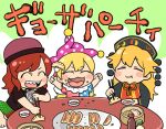  3girls :d :t american_flag_shirt arms_up black_dress blonde_hair chopsticks closed_eyes clownpiece commentary_request dress dumpling eating food food_on_face fork green_background hat hecatia_lapislazuli holding holding_chopsticks holding_fork jester_cap jiaozi junko_(touhou) koyama_shigeru long_hair long_sleeves multiple_girls open_mouth plaid plaid_skirt plate polka_dot_headwear polos_crown redhead sharp_teeth shirt short_hair short_sleeves skirt smile soy_sauce t-shirt tabard table teeth touhou translation_request two-tone_background upper_teeth very_long_hair white_background younger 