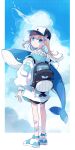  +_+ 1girl absurdres backpack bag bandaid bandaid_on_arm bandaid_on_leg bangs bare_shoulders baseball_cap black_headwear blue_eyes blue_hair blue_shirt blue_sky brown_hair chon_(chon33v) closed_mouth clouds cloudy_sky colored_inner_hair commentary_request cumulonimbus_cloud day eyebrows_visible_through_hair from_behind hair_ornament hat highres jacket long_hair looking_at_viewer looking_back multicolored_hair off_shoulder open_clothes open_jacket original shirt shoes signature sky sleeveless sleeveless_shirt solo stuffed_whale whale whale_hair_ornament white_footwear white_jacket 