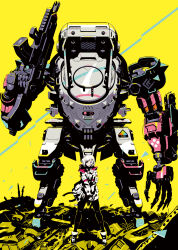  ada_(synduality) behind_another belt bob_cut bodysuit boots bowie_rabbit full_body gun gyoubu_ippei highres holding holding_gun holding_weapon joints legs_apart mecha over_shoulder red_eyes robot ruins standing synduality weapon weapon_over_shoulder white_hair 