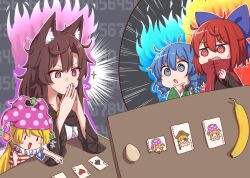  4girls @_@ ace_(playing_card) ace_of_hearts ace_of_spades american_flag_dress animal_ears balatro banana blonde_hair blue_eyes blue_hair bow brown_hair bug card clownpiece commentary egg english_commentary fairy_wings fire flying_sweatdrops food fruit grass_root_youkai_network hair_bow hat heart imaizumi_kagerou jester_cap joker_(playing_card) long_hair messy_hair multiple_girls number_background open_mouth own_hands_together playing_card pointing purple_bow purple_fire red_eyes red_hair sekibanki short_hair short_sleeves spade_(shape) steepled_fingers sweatdrop table textless_version torch touhou wakasagihime wide_sleeves wings wolf_ears wolf_girl wool_(miwol) 