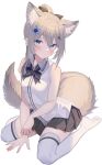  1girl absurdres animal_ear_fluff animal_ears bare_arms bare_shoulders between_legs black_skirt blue_eyes bow bowtie breasts closed_mouth collared_shirt extra_ears flower fox_ears fox_girl fox_tail hair_bow hair_flower hair_ornament hairclip highres jun_(aousa0328) long_hair looking_at_viewer miniskirt no_shoes original pleated_skirt ponytail shirt sidelocks silver_hair simple_background sitting skirt sleeveless sleeveless_shirt small_breasts solo tail thigh-highs wariza white_background white_legwear white_shirt zettai_ryouiki 