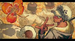  absurdres aozmspn_e bear bepo closed_mouth earrings flower gloves hand_tattoo hat heart_pirates_jolly_roger highres holding holding_flower hood hooded_coat jewelry jumpsuit letterboxed looking_back one_piece penguin_(one_piece) shachi_(one_piece) short_hair sideburns tattoo trafalgar_law white_gloves white_jumpsuit yellow_eyes 