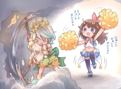  2girls blue_eyes brown_hair cecilia_immergreen cecilia_immergreen_(1st_costume) cheering detached_sleeves doll_joints dress ds_(ndsl) green_eyes grey_hair hololive hololive_english joints midriff mining miniskirt multiple_girls navel pickaxe pom_pom_(cheerleading) skirt thigh-highs tokino_sora tokino_sora_(1st_costume) virtual_youtuber winding_key 