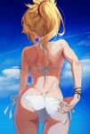  1girl adjusting_clothes adjusting_swimsuit ass back bikini blonde_hair blue_sky bracelet braid clouds cowboy_shot day fate/apocrypha fate_(series) french_braid from_behind hair_ornament hair_scrunchie halterneck hidden_face highres jewelry long_hair mordred_(fate) mordred_(fate)_(all) outdoors ponytail red_scrunchie scrunchie shoulder_blades side-tie_bikini sidelocks sky string_bikini swimsuit thighs tonee white_bikini 
