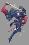  1girl armor belt blue_cape blue_eyes blue_hair boots bug butterfly cape faithom falchion_(fire_emblem) fingerless_gloves fire_emblem fire_emblem_awakening gloves highres insect long_hair lucina_(fire_emblem) red_cape sheath shoulder_armor sword thigh-highs thigh_boots weapon 