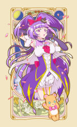  1girl arm_behind_head armpits black_hat blunt_bangs bow bracelet cure_magical elbow_gloves floating_hair gloves hair_bow hat highres izayoi_liko jewelry kagekaku long_hair mahou_girls_precure! mini_hat mofurun_(mahou_girls_precure!) open_mouth precure purple_gloves purple_hair red_bow shorts standing twintails very_long_hair vest violet_eyes waistcoat white_shorts witch_hat 