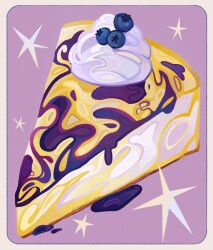  berry blue_border blueberry border cake cake_slice cheesecake color_contrast commentary dessert dripping english_commentary film_grain food food_focus fruit highres inset_border no_humans original purple_background purple_theme quezify rounded_corners simple_background star_(symbol) still_life whipped_cream white_border 