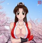  1girl arm_under_breasts breasts brown_hair cleavage collarbone female fingerless_gloves huge_breasts kasumi_jun long_hair looking_at_viewer mai_shiranui ponytail red_gloves shiranui_mai smile solo 
