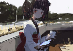  1girl black_hair blurry blurry_background blush cellphone closed_mouth commentary_request cup day from_side google_maps headgear highres holding holding_cup holding_phone japanese_clothes kabuyama_kaigi kimono looking_at_viewer looking_to_the_side non-web_source obi obijime outdoors phone planter red_eyes sash short_hair short_twintails sidelighting sitting sky smartphone solo touhoku_kiritan twintails upper_body voiceroid white_kimono white_sky 