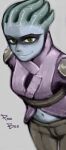  1girl asari black_eyes black_pants blue_skin breasts character_name colored_skin facepaint grey_background hugo_(coconomi) leaning_forward looking_at_viewer mass_effect mass_effect:_andromeda medium_breasts navel pants pelessaria_b&#039;sayle science_fiction smile solo 