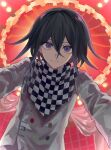  1boy bangs black_hair checkered checkered_floor checkered_scarf commentary_request dangan_ronpa_(series) dangan_ronpa_v3:_killing_harmony from_below grey_jacket hair_between_eyes highres jacket kozomezuki long_sleeves looking_at_viewer male_focus ouma_kokichi outstretched_arms purple_hair scarf short_hair smile solo straitjacket upper_body violet_eyes 