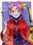  1girl :d blue_background hairband hand_up highres itomugi-kun japanese_clothes kimono komakusa_sannyo long_hair long_sleeves looking_at_viewer multicolored multicolored_clothes open_mouth pipe ponytail purple_hair red_eyes ribbon smile smoke solo touhou yellow_hairband yellow_ribbon 