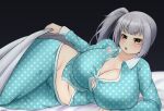  1girl bed_invitation blush breasts curvy huge_breasts kantai_collection kasumi_(kancolle) mee_don navel older plump side_ponytail silver_hair solo wide_hips yellow_eyes 