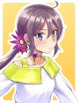  1girl ahoge akebono_(kancolle) alternate_costume bangs bell blush choker closed_mouth eyebrows_visible_through_hair flower hair_bell hair_flower hair_ornament highres kantai_collection long_hair outline ponytail porupurucha purple_flower purple_hair simple_background solo sweat upper_body violet_eyes white_outline yellow_background 