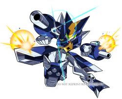  1boy arm_cannon armor blue_armor blue_helmet cyandog explosion green-tinted_eyewear helmet humanoid_robot male_focus medarot pillar_buster robot simple_background solo tinted_eyewear watermark weapon white_background 