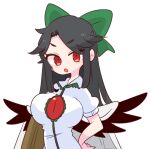  1girl arm_cannon bird_wings black_hair black_wings blouse bow breasts buttons cape collared_blouse green_bow hair_bow highres large_breasts long_hair op_na_yarou puffy_short_sleeves puffy_sleeves red_eyes reiuji_utsuho short_sleeves starry_sky_print third_eye touhou weapon white_blouse white_cape wings 