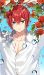  1boy blue_eyes flower highres kwakah redhead riddle_rosehearts rose shirt simple_background solo twisted_wonderland water_drop white_shirt 