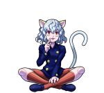  1other animal_ears blue_footwear blue_jacket cat_ears cat_girl cat_tail claws doll_joints hunter_x_hunter jacket joints monster_strike neferpitou official_art striped striped_legwear tail vertical-striped_legwear vertical_stripes white_hair 