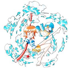  1girl absurdres dwalkn fangs full_body highres holding holding_poke_ball holding_staff leg_up nami_(one_piece) one_piece orange_eyes orange_hair orange_skirt poke_ball pokemon shirt short_hair skirt smile squirtle staff sugimori_ken_(style) t-shirt twitter_username water 