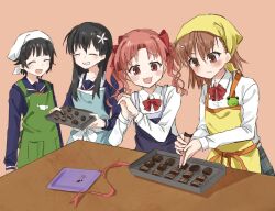  4girls apron baking black_apron black_hair blue_apron blue_sailor_collar bow bowtie brown_eyes brown_hair chocolate collared_shirt commentary_request flower gekota green_apron grey_skirt hair_flower hair_ornament hairclip happy head_wreath headscarf long_hair long_sleeves misaka_mikoto multiple_girls neckerchief nyangpa_1223 own_hands_clasped own_hands_together pastry_bag plaid_clothes plaid_skirt red_bow red_bowtie red_neckerchief sailor_collar sakugawa_school_uniform saten_ruiko school_uniform serafuku sheep_print shirai_kuroko shirt short_hair simple_background skirt smile table toaru_kagaku_no_railgun toaru_majutsu_no_index tokiwadai_school_uniform twintails uiharu_kazari valentine white_flower white_shirt winter_uniform yellow_apron 