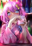  1girl ahoge alcohol bangs blush bottle braid closed_mouth cup drinking_glass eyebrows_visible_through_hair fingernails flower fumihiko_(fu_mihi_ko) hair_flower hair_ornament heterochromia highres himemori_luna holding holding_cup hololive japanese_clothes kimono long_hair looking_at_viewer low_twin_braids multicolored_hair pink_hair pink_kimono pink_nails purple_hair sake_bottle smile solo swept_bangs twin_braids violet_eyes virtual_youtuber wide_sleeves 