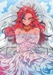  1girl bare_shoulders blue_hair blue_sky breasts commission dot_mouth dress elbow_gloves gloves green_eyes jewelry kafun long_hair looking_at_viewer multicolored_hair necklace original ral_(mac) redhead sky solo wedding_dress white_dress white_gloves 