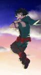  1boy :d bangs belt bodysuit boku_no_hero_academia boots clouds commentary_request day elbow_gloves freckles from_behind full_body gloves green_bodysuit green_eyes green_hair hadaka_(hadakavillage) hood hood_down looking_at_viewer looking_back male_focus midoriya_izuku open_mouth outdoors red_belt red_footwear short_hair sky smile solo teeth thigh-highs thigh_boots upper_teeth white_gloves 