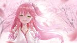  1girl :d absurdres ahoge bell cherry_blossoms daidai_(daidai826) detached_sleeves hair_bell hair_ornament hairclip hands_on_own_chest hands_together highres hololive jingle_bell long_hair looking_at_viewer nontraditional_miko one_side_up open_mouth petals pink_hair sakura_miko shirt smile solo tearing_up tree upper_body virtual_youtuber white_shirt white_sleeves wide_sleeves x_hair_ornament 